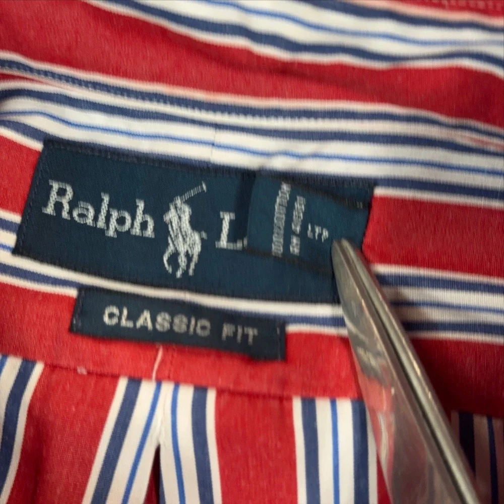 Ralph Lauren Classic Fit Red White Blue Striped Button Down Shirt Mens L 16.5